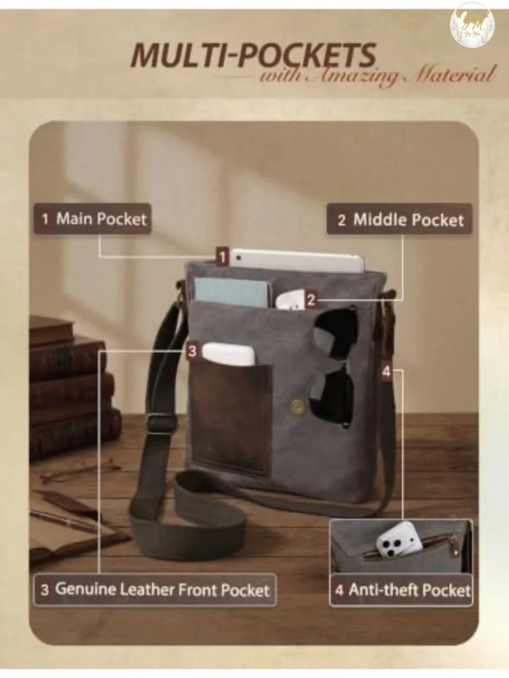 Genuine Leather Canvas Messenger Bag Crossbody Anti-Theft Unisex